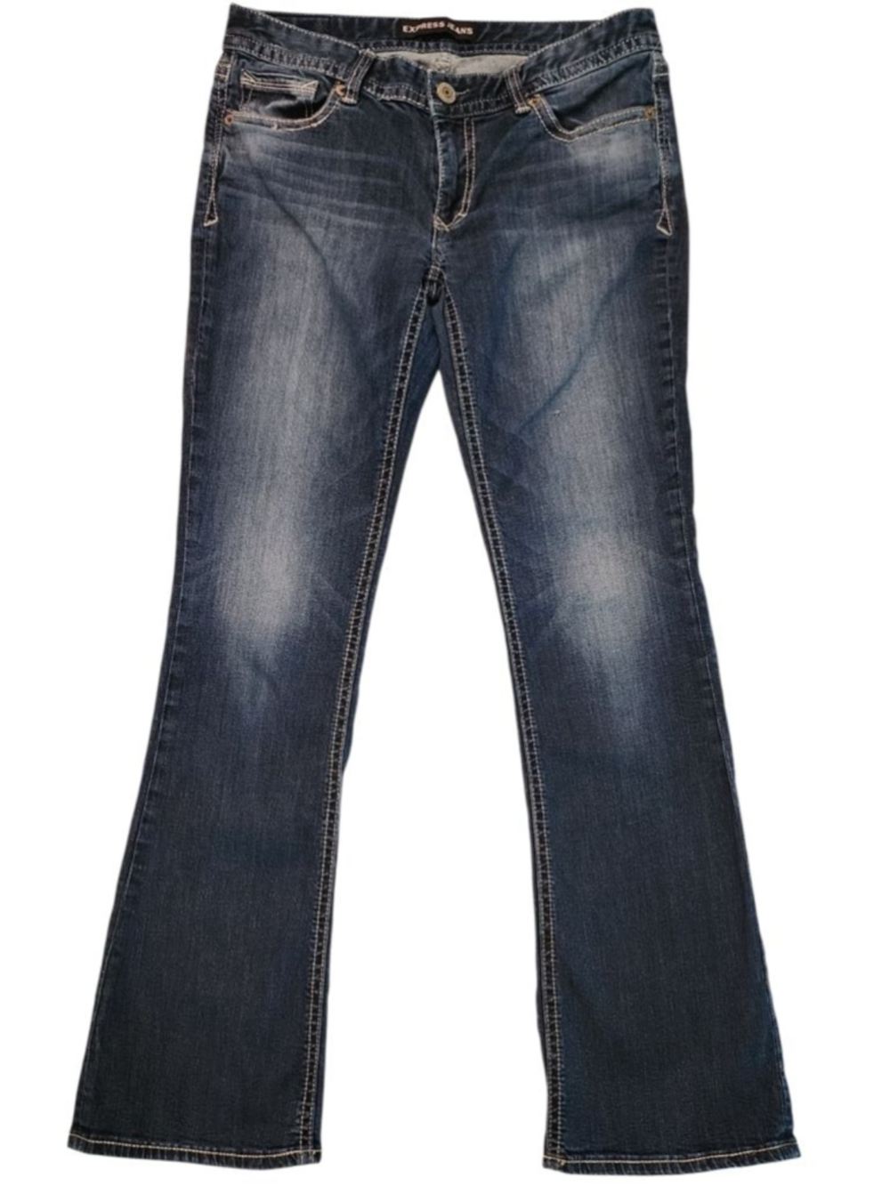 Express Jeans Women's 10 Long Bootcut Flare Dark Wash Embroidered Back Low Rise